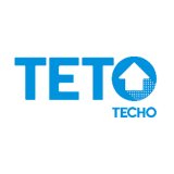 Logo da ONG TETO, com as letras "T", "E", "T" e "O" estilizadas em um design orgânico e formando um símbolo em forma de casa. Abaixo do logotipo, está escrito "Techo" em letras azuis.